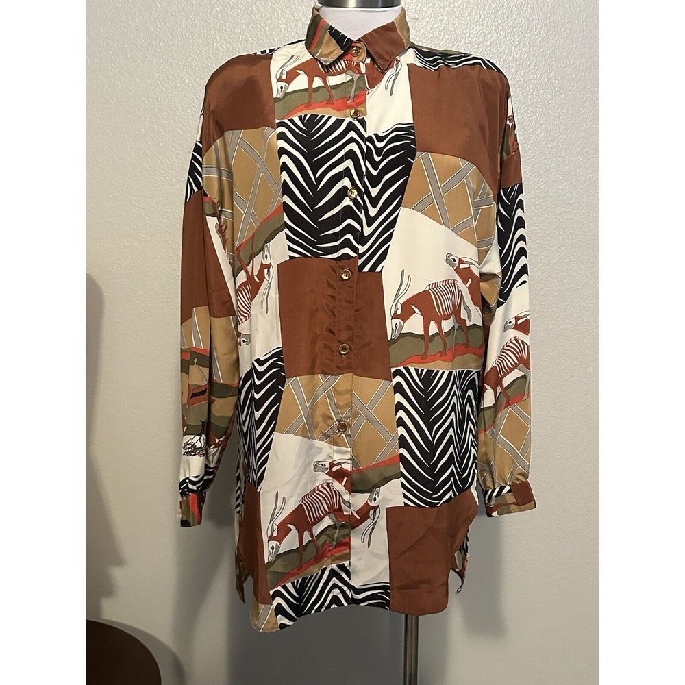 Vintage Campus Casuals‎ Animal Print Top SZ M Antelope Brown Black Zebra Safari